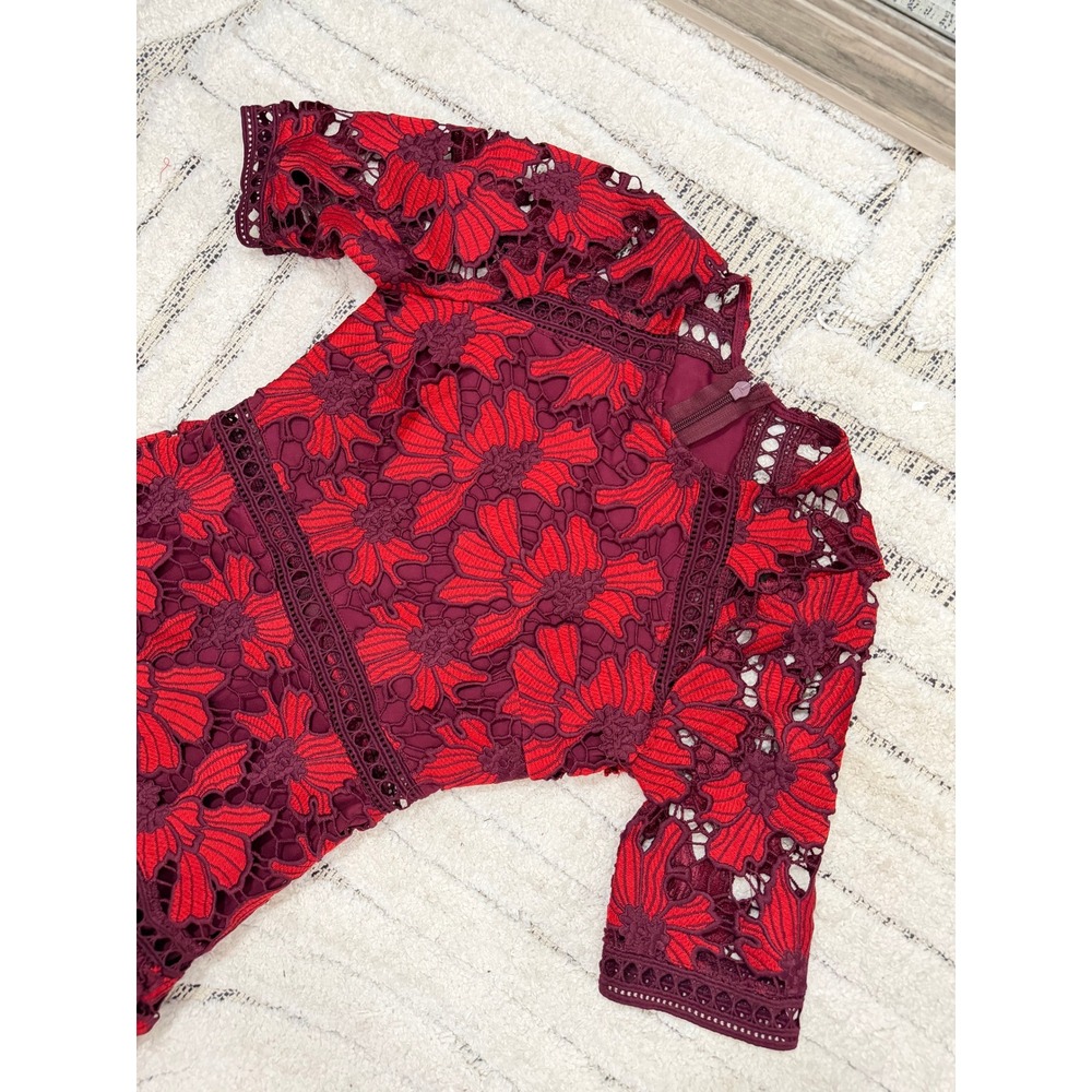 Just Me Floral Lace Mini Dress Womens XS Burgundy Red Excellent Tiered Ruffle - Picture 7 of 9